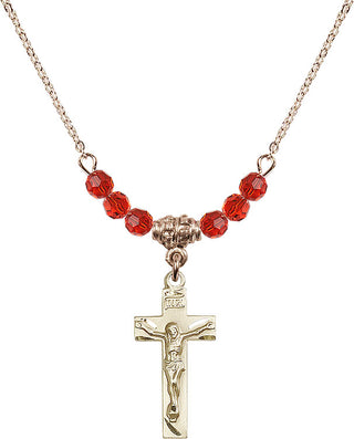 18" Hamilton Gold Plated Necklace with 4mm Ruby Crystal Beads featuring a 14kt Gold Filled Crucifix Medal.