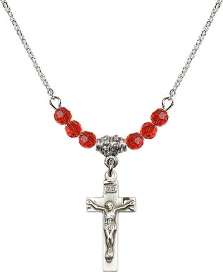 18" Rhodium Plated Necklace with 4mm Ruby Crystal Beads featuring a Sterling Silver Crucifix Medal.