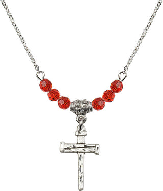 18" Rhodium Plated Necklace with 4mm Ruby Crystal Beads featuring a Sterling Silver Nail Cross Medal.