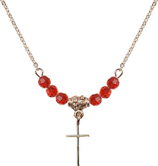 18" Hamilton Gold Plated Necklace with 4mm Ruby Crystal Beads featuring a 14kt Gold Filled Cross Medal.