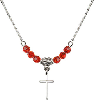 18" Rhodium Plated Necklace with 4mm Ruby Crystal Beads featuring a Sterling Silver Cross Medal.
