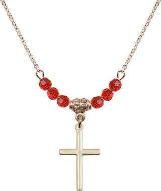 18" Hamilton Gold Plated Necklace with 4mm Ruby Crystal Beads featuring a 14kt Gold Filled Cross Medal.