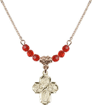 18" Hamilton Gold Plated Necklace with 4mm Ruby Crystal Beads featuring a 14kt Gold Filled 4-Way Medal.
