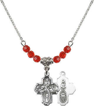 18" Rhodium Plated Necklace with 4mm Ruby Crystal Beads featuring a Sterling Silver 4-Way Medal.