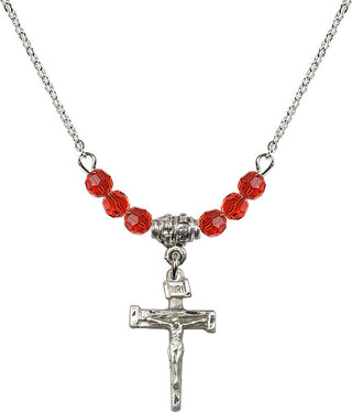 18" Rhodium Plated Necklace with 4mm Ruby Crystal Beads featuring a Sterling Silver Nail Crucifix Medal.
