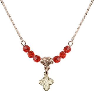 18" Hamilton Gold Plated Necklace with 4mm Ruby Crystal Beads featuring a 14kt Gold Filled 4-Way Medal.