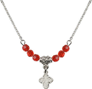 18" Rhodium Plated Necklace with 4mm Ruby Crystal Beads featuring a Sterling Silver 4-Way Medal.