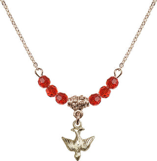 18" Hamilton Gold Plated Necklace with 4mm Ruby Crystal Beads featuring a 14kt Gold Filled Holy Spirit Medal.