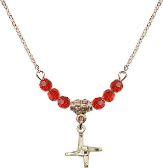18" Hamilton Gold Plated Necklace with 4mm Ruby Crystal Beads featuring a 14kt Gold Filled Saint Brigid Cross Medal.