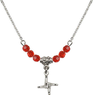18" Rhodium Plated Necklace with 4mm Ruby Crystal Beads featuring a Sterling Silver Saint Brigid Cross Medal.