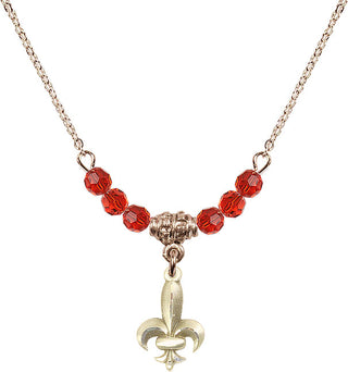 18" Hamilton Gold Plated Necklace with 4mm Ruby Crystal Beads featuring a 14kt Gold Filled Fleur de Lis Medal.