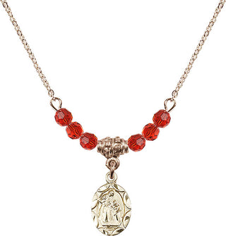18" Hamilton Gold Plated Necklace with 4mm Ruby Crystal Beads featuring a 14kt Gold Filled Saint Ann Medal.