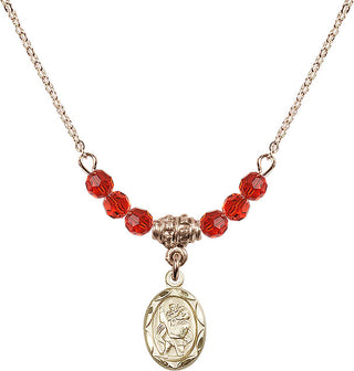 18" Hamilton Gold Plated Necklace with 4mm Ruby Crystal Beads featuring a 14kt Gold Filled Saint Christopher Medal.