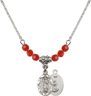 18" Rhodium Plated Necklace with 4mm Ruby Crystal Beads featuring a Sterling Silver Our Lady of Guadalupe Medal.