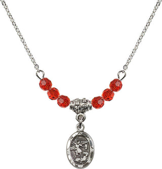 18" Rhodium Plated Necklace with 4mm Ruby Crystal Beads featuring a Sterling Silver Saint Michael the Archangel Medal.