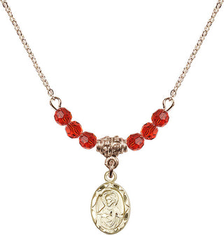 18" Hamilton Gold Plated Necklace with 4mm Ruby Crystal Beads featuring a 14kt Gold Filled Scapular Medal.