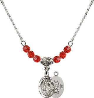 18" Rhodium Plated Necklace with 4mm Ruby Crystal Beads featuring a Sterling Silver Scapular Medal.