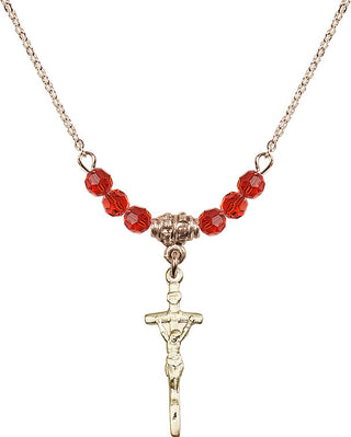 18" Hamilton Gold Plated Necklace with 4mm Ruby Crystal Beads featuring a 14kt Gold Filled Papal Crucifix Medal.