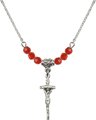 18" Rhodium Plated Necklace with 4mm Ruby Crystal Beads featuring a Sterling Silver Papal Crucifix Medal.