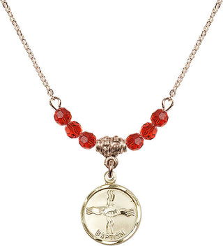 18" Hamilton Gold Plated Necklace with 4mm Ruby Crystal Beads featuring a 14kt Gold Filled Baptism Medal. Engraved Catholic Saint Jewelry