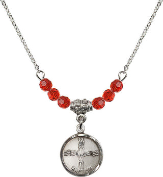 18" Rhodium Plated Necklace with 4mm Ruby Crystal Beads featuring a Sterling Silver Baptism Medal. Engraved Catholic Saint Jewelry