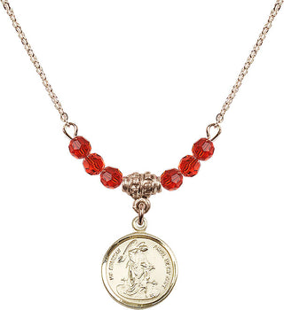 18" Hamilton Gold Plated Necklace with 4mm Ruby Crystal Beads featuring a 14kt Gold Filled Guardian Angel Medal. Engraved Catholic Saint Jewelry