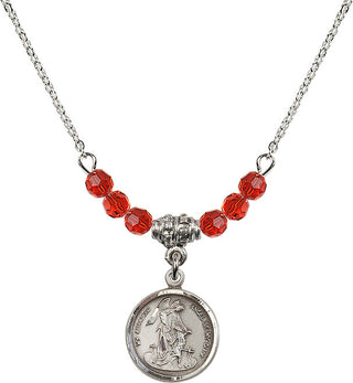 18" Rhodium Plated Necklace with 4mm Ruby Crystal Beads featuring a Sterling Silver Guardian Angel Medal. Engraved Catholic Saint Jewelry