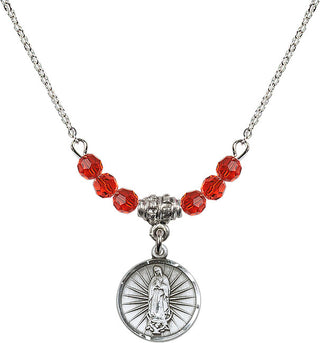 18" Rhodium Plated Necklace with 4mm Ruby Crystal Beads featuring a Sterling Silver Our Lady of Guadalupe Medal. Engraved Catholic Saint Jewelry