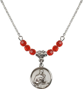 18" Rhodium Plated Necklace with 4mm Ruby Crystal Beads featuring a Sterling Silver Saint Gerard Medal. Engraved Catholic Saint Jewelry