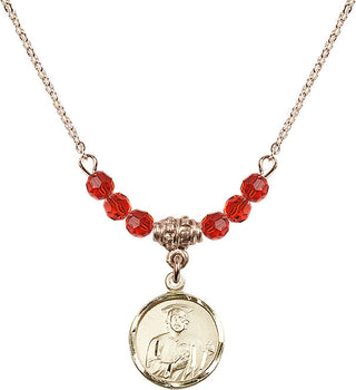 18" Hamilton Gold Plated Necklace with 4mm Ruby Crystal Beads featuring a 14kt Gold Filled Saint Jude Medal. Engraved Catholic Saint Jewelry