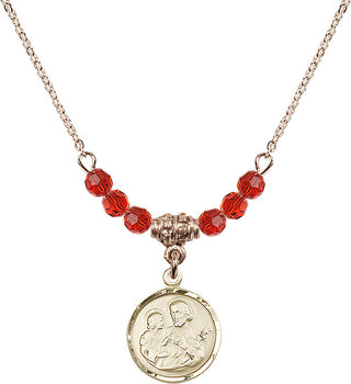 18" Hamilton Gold Plated Necklace with 4mm Ruby Crystal Beads featuring a 14kt Gold Filled Saint Joseph Medal. Engraved Catholic Saint Jewelry