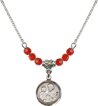 18" Rhodium Plated Necklace with 4mm Ruby Crystal Beads featuring a Sterling Silver Saint Joseph Medal. Engraved Catholic Saint Jewelry