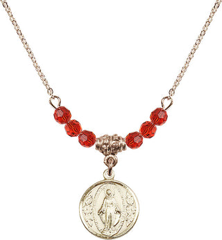 18" Hamilton Gold Plated Necklace with 4mm Ruby Crystal Beads featuring a 14kt Gold Filled Miraculous Medal.