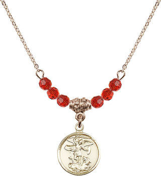 18" Hamilton Gold Plated Necklace with 4mm Ruby Crystal Beads featuring a 14kt Gold Filled Saint Michael the Archangel Medal.