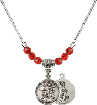 18" Rhodium Plated Necklace with 4mm Ruby Crystal Beads featuring a Sterling Silver Saint Michael the Archangel Medal.