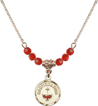 18" Hamilton Gold Plated Necklace with 4mm Ruby Crystal Beads featuring a 14kt Gold Filled Confirmation Medal. Engraved Catholic Saint Jewelry