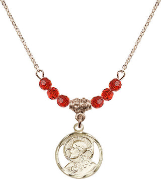 18" Hamilton Gold Plated Necklace with 4mm Ruby Crystal Beads featuring a 14kt Gold Filled Scapular Medal.