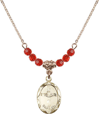 18" Hamilton Gold Plated Necklace with 4mm Ruby Crystal Beads featuring a 14kt Gold Filled Baptism Medal. Engraved Catholic Saint Jewelry