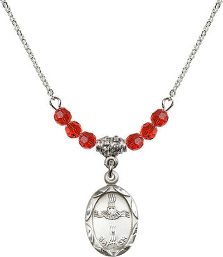 18" Rhodium Plated Necklace with 4mm Ruby Crystal Beads featuring a Sterling Silver Baptism Medal. Engraved Catholic Saint Jewelry