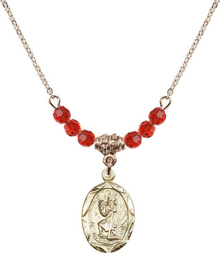 18" Hamilton Gold Plated Necklace with 4mm Ruby Crystal Beads featuring a 14kt Gold Filled Saint Christopher Medal. Engraved Catholic Saint Jewelry