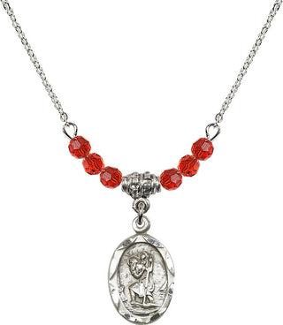18" Rhodium Plated Necklace with 4mm Ruby Crystal Beads featuring a Sterling Silver Saint Christopher Medal. Engraved Catholic Saint Jewelry