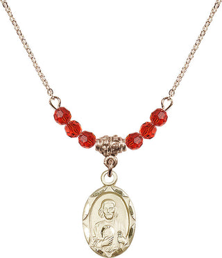 18" Hamilton Gold Plated Necklace with 4mm Ruby Crystal Beads featuring a 14kt Gold Filled Saint Jude Medal. Engraved Catholic Saint Jewelry
