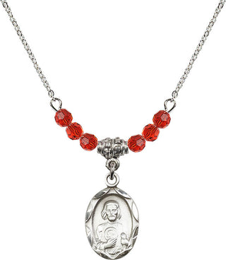 18" Rhodium Plated Necklace with 4mm Ruby Crystal Beads featuring a Sterling Silver Saint Jude Medal. Engraved Catholic Saint Jewelry