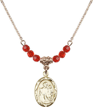 18" Hamilton Gold Plated Necklace with 4mm Ruby Crystal Beads featuring a 14kt Gold Filled Saint Joseph Medal. Engraved Catholic Saint Jewelry
