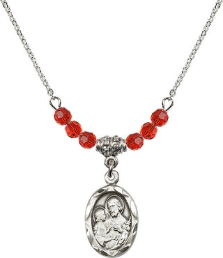 18" Rhodium Plated Necklace with 4mm Ruby Crystal Beads featuring a Sterling Silver Saint Joseph Medal. Engraved Catholic Saint Jewelry