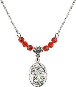 18" Rhodium Plated Necklace with 4mm Ruby Crystal Beads featuring a Sterling Silver Saint Michael the Archangel Medal.