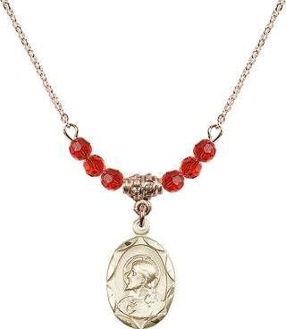 18" Hamilton Gold Plated Necklace with 4mm Ruby Crystal Beads featuring a 14kt Gold Filled Scapular Medal.