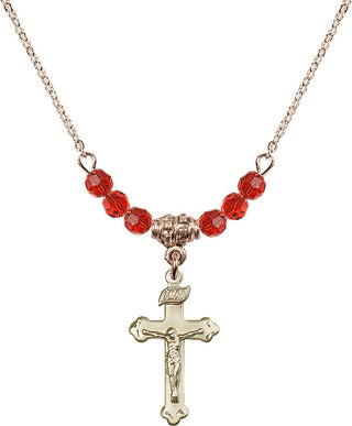 18" Hamilton Gold Plated Necklace with 4mm Ruby Crystal Beads featuring a 14kt Gold Filled Crucifix Medal.