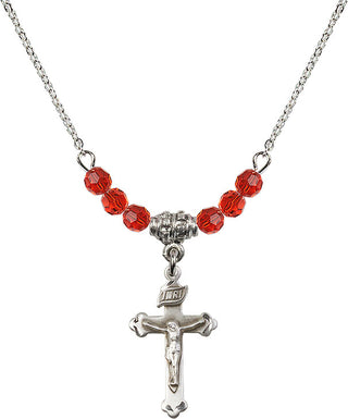 18" Rhodium Plated Necklace with 4mm Ruby Crystal Beads featuring a Sterling Silver Crucifix Medal.
