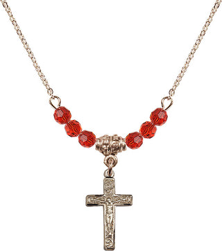 18" Hamilton Gold Plated Necklace with 4mm Ruby Crystal Beads featuring a 14kt Gold Filled Crucifix Medal.